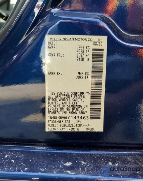 2020 Nissan Altima S z USA, uszkodzony, nr VIN 1N4BL4BV6LC143463